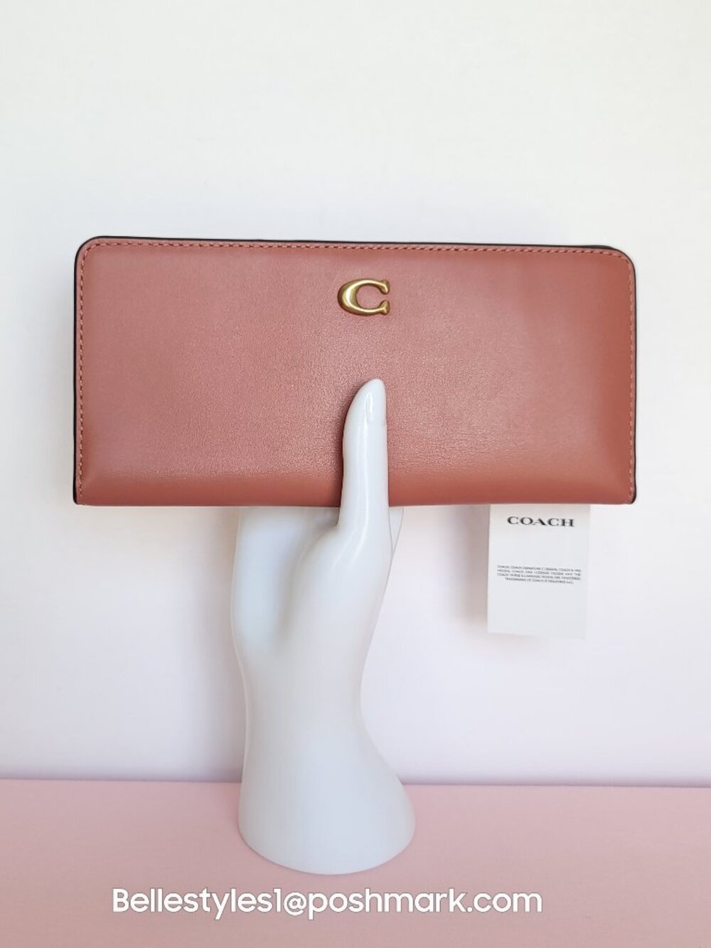 COACH Bifold Slim Refined Calf Leather Wallet w Back zip-pocket- Dark Peach⭐